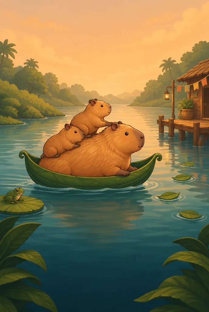 Três capivaras em uma canoa de folha, navegando por um rio ao pôr do sol.